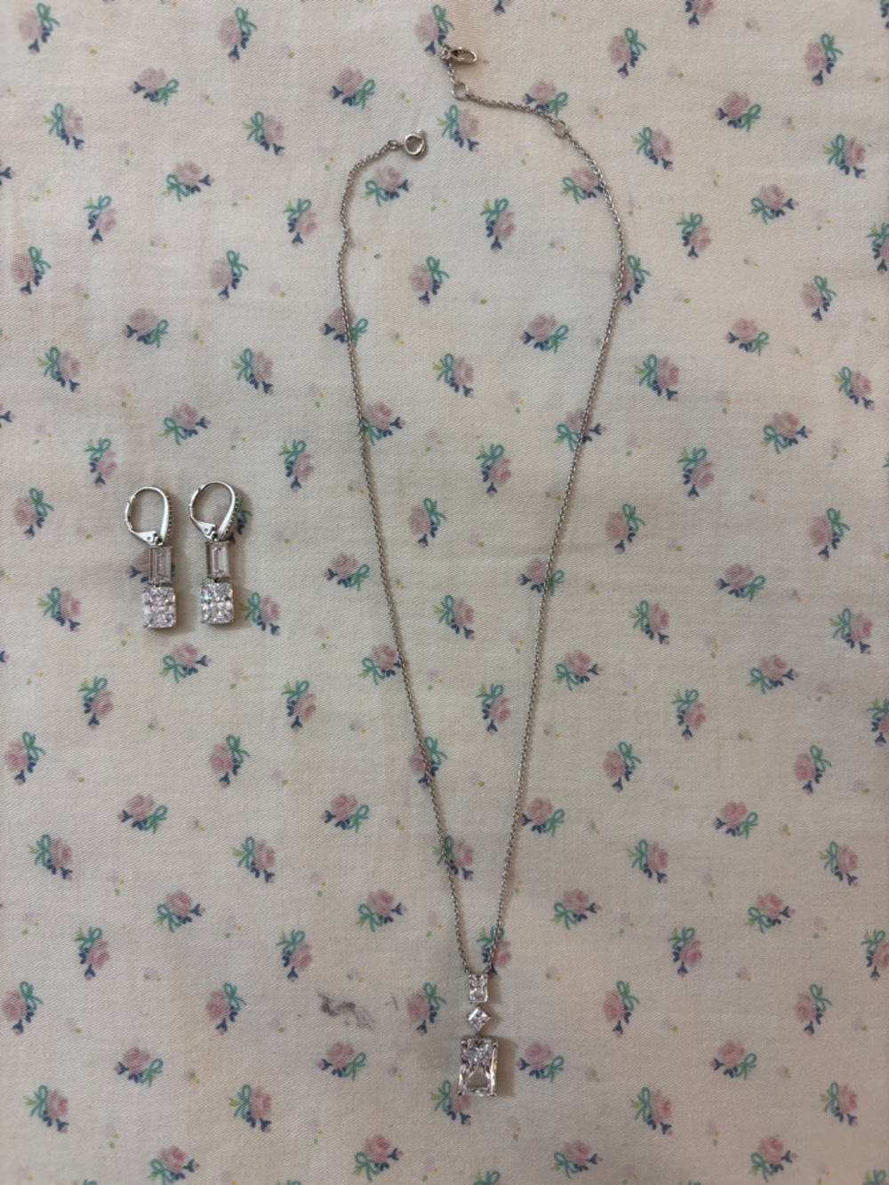 Nadri- Baguette Emerald Cz Double Drop Earrings + Necklace